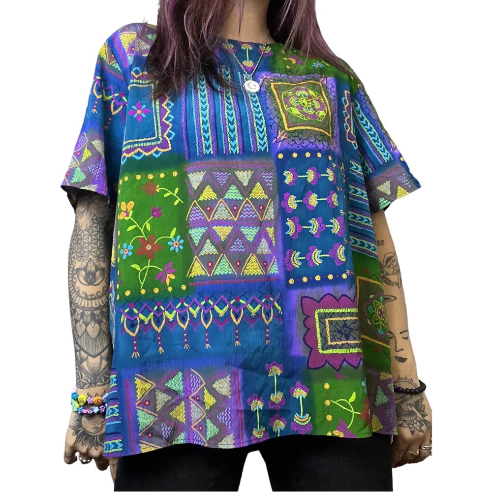 90s Vintage Earthy Patchwork Blouse • Size Large/XL 🌿🌎